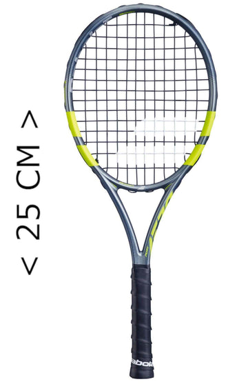 The Babolat Mini Pure Aero 2026 Tennis Racket, featuring a black and yellow frame, is displayed next to a vertical ruler showing its length is under 25 cm.