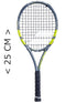 The Babolat Mini Pure Aero 2026 Tennis Racket, featuring a black and yellow frame, is displayed next to a vertical ruler showing its length is under 25 cm.