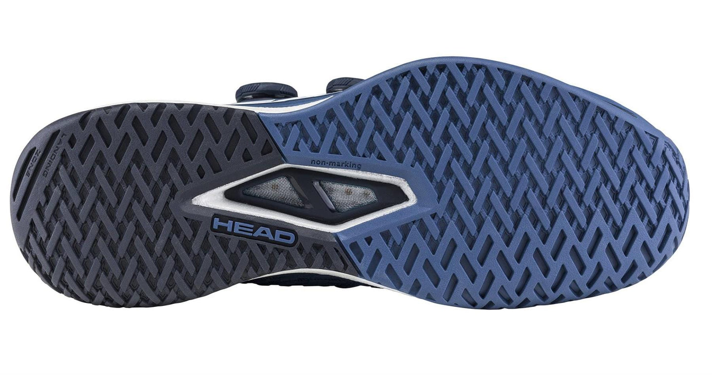 The image shows the sole of a HEAD Endure Pro BOA Men's Tennis Shoe in dark blue/navy, featuring a herringbone tread pattern and the HEAD logo near the midfoot area.