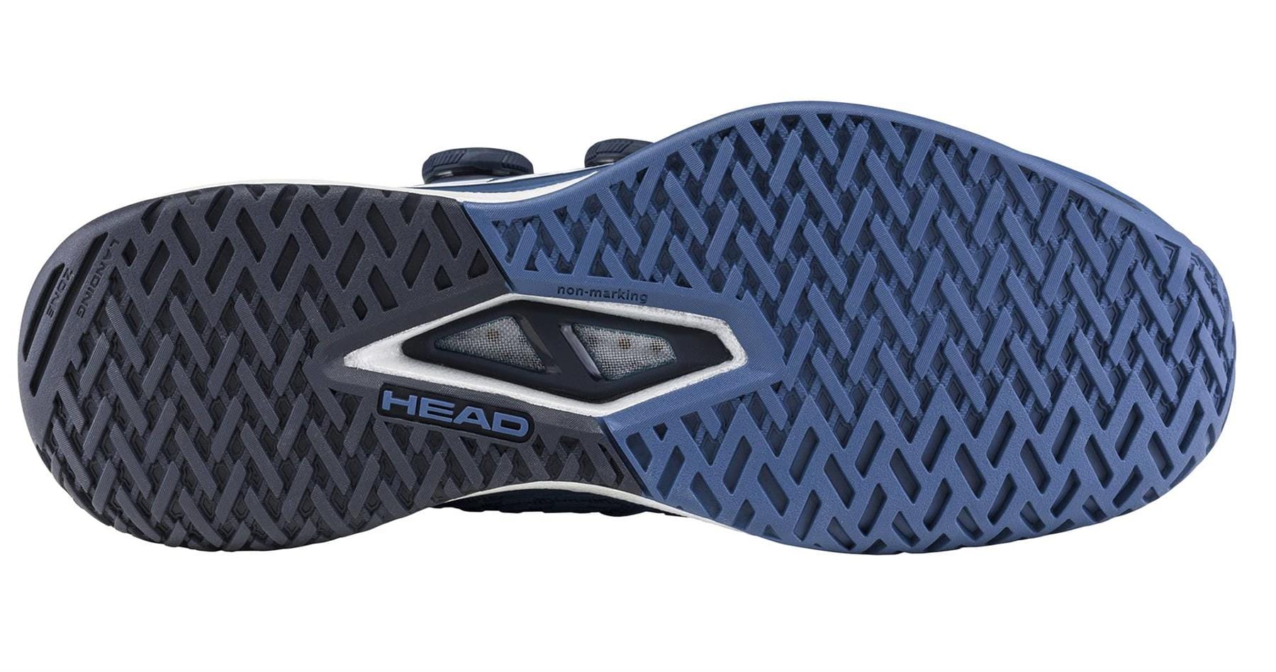 The image shows the sole of a HEAD Endure Pro BOA Men's Tennis Shoe in dark blue/navy, featuring a herringbone tread pattern and the HEAD logo near the midfoot area.