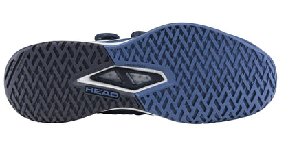 The image shows the sole of a HEAD Endure Pro BOA Men's Tennis Shoe in dark blue/navy, featuring a herringbone tread pattern and the HEAD logo near the midfoot area.