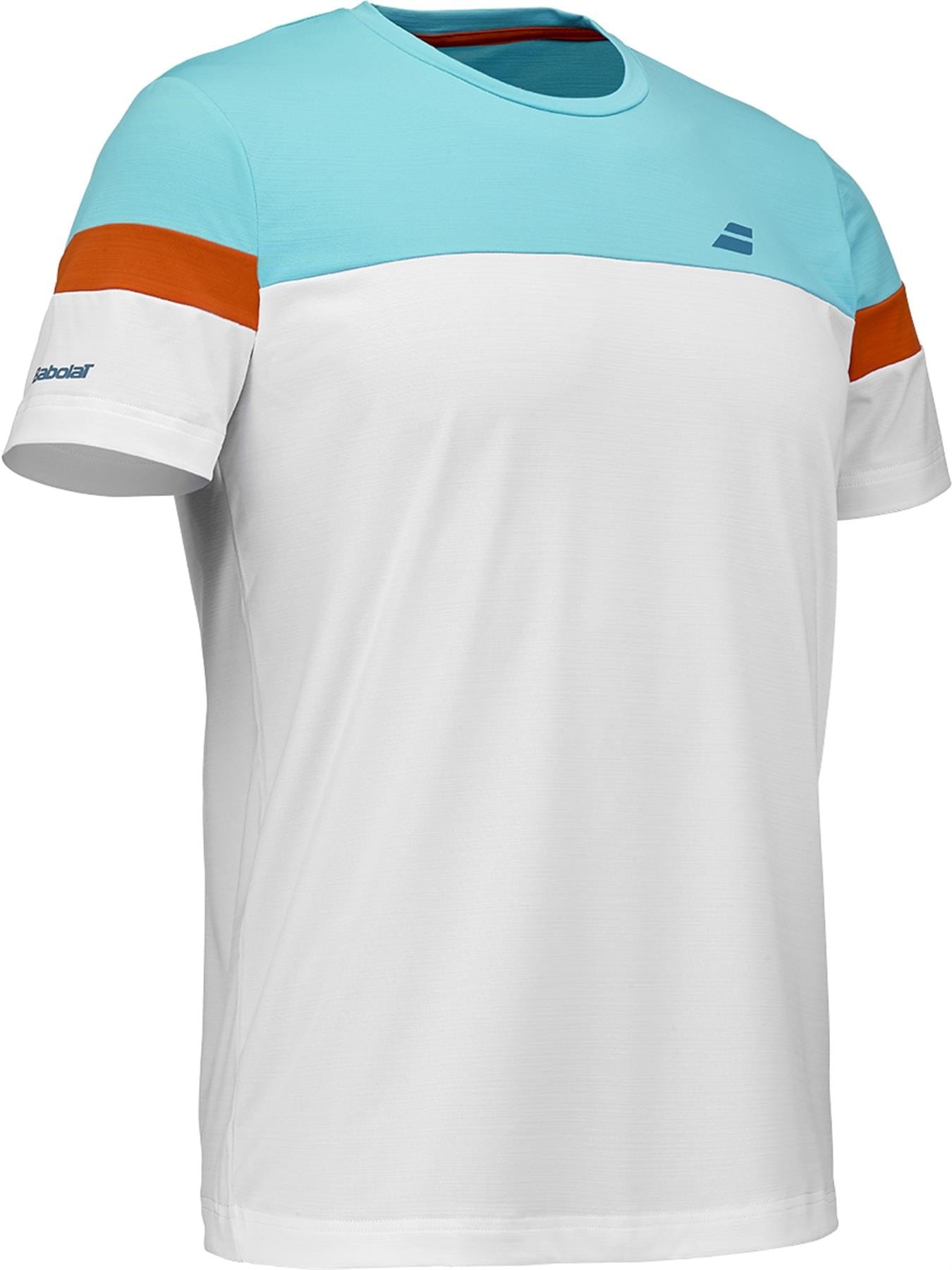 The Babolat Crew Neck Mens Tennis T-Shirt—white body, light blue top panel, orange sleeve bands, short sleeves, small blue Babolat logos on chest and left sleeve—is a lightweight choice for any match.