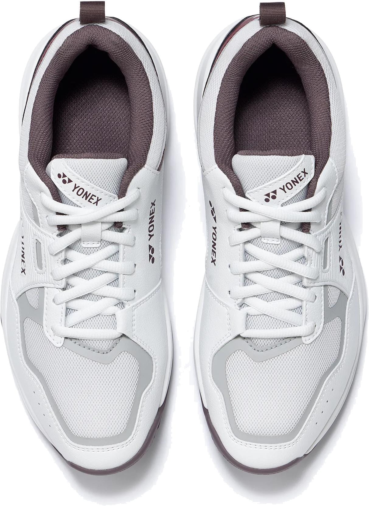 A pair of Yonex Pro-Move Classic WIDE Men's Tennis Shoes in white/red, shown from above with laces tied and logo visible—these lightweight shoes feature Power Cushion technology for superior comfort.