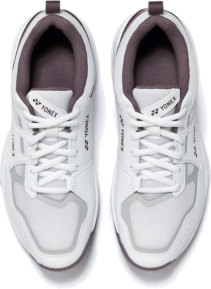 A pair of Yonex Pro-Move Classic WIDE Men's Tennis Shoes in white/red, shown from above with laces tied and logo visible—these lightweight shoes feature Power Cushion technology for superior comfort.