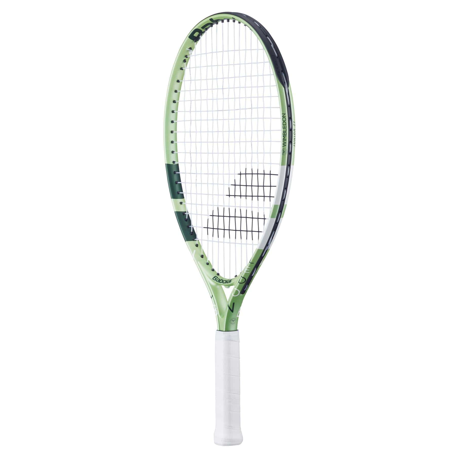 The Babolat Junior 21 Wimbledon 2025 Tennis Racket in Champagne Green features a lightweight aluminum frame, white grip, and black logo on the string bed. Displayed against a plain white background.