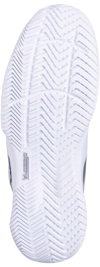 Close-up of the white outsole on the Babolat SFX EVO All Court Men's Tennis Shoes (Illusion Blue/Black), showing a zigzag and herringbone tread for superb traction during tennis play.