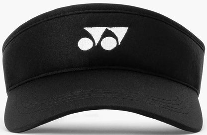 The Yonex 40126EX Tennis Visor - Black features a white Yonex logo on the center front. Adjustable for comfort, this stylish tennis visor is shown against a plain background.