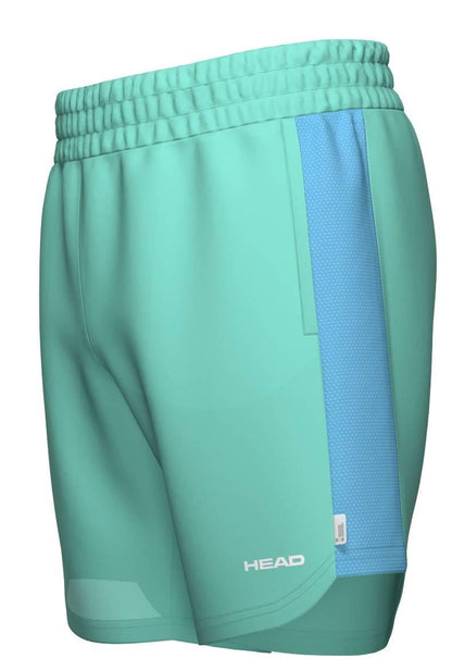 HEAD Power Men’s Tennis Shorts in turquoise feature a wide elastic waistband, light blue mesh side panels for breathability, and moisture-wicking performance. The HEAD logo is printed in white near the hem.