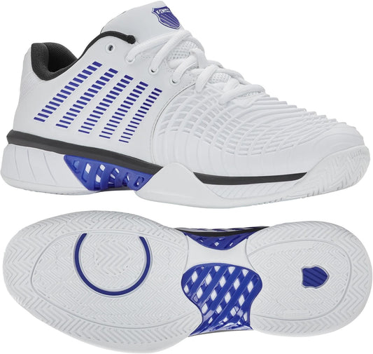 A pair of K-Swiss Express Light 3 Men's Tennis Shoes in White/Dazzling Blue/Black is shown, with one sneaker displaying the textured side design and the other highlighting its blue patterned sole and tread. Brand: K-Swiss.
