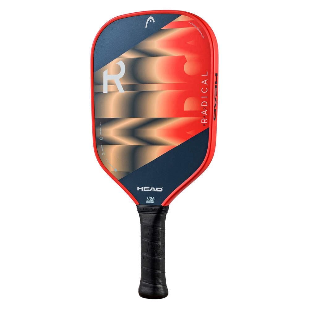 The HEAD Radical Pro Pickleball Paddle in orange and navy features SpinOn Technology for power and precision, bold "R" and "RADICAL" text, and a comfortable black grip handle.