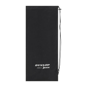 The Dunlop Premium Tennis Racket Head Cover in black is a stylish polyester cover featuring "DUNLOP powered by SRIXON" in white, perfect for protecting your tennis racket.