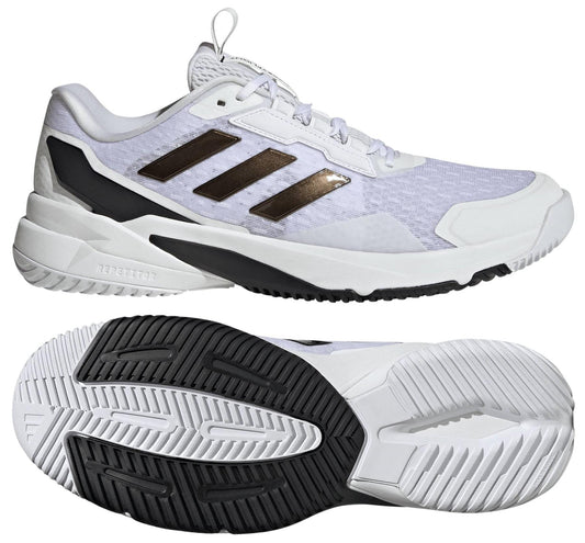 The adidas Crazyflight 6 Men’s Indoor Tennis Shoes in white feature black stripes, a breathable mesh upper, and a textured black-and-white rubber outsole—ideal as versatile indoor court or volleyball shoes.