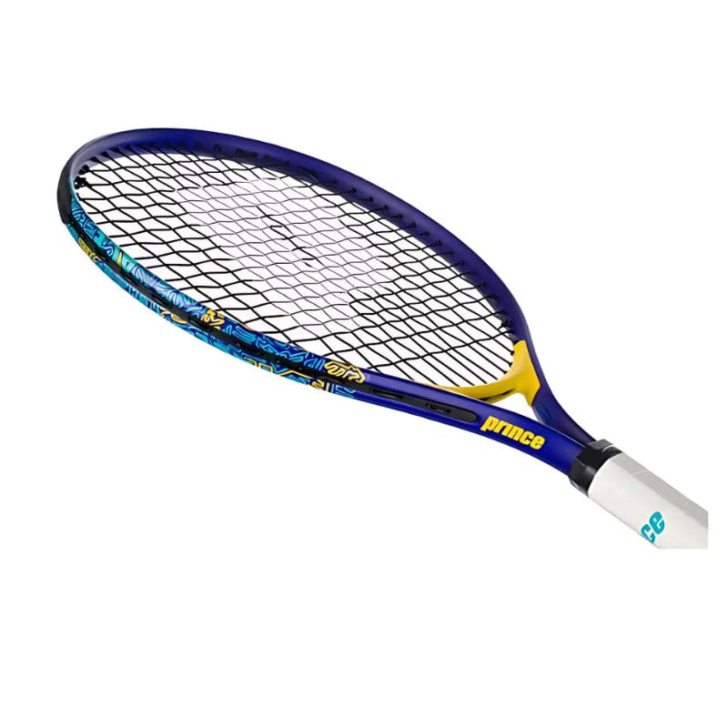 The Prince Ace/Face 21 2025 Junior Tennis Racket in blue/yellow features black strings, a white grip, lightweight aluminium construction, and sporty patterns—ideal for beginners and shown on a white background.