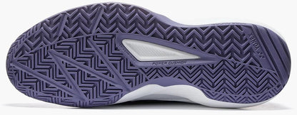 The image shows the white and sax sole of Yonex Pro-Move Classic Mens Tennis Shoes, featuring a zigzag tread pattern and "Power Cushion" printed on the arch, showcasing Yonex's Power Cushion technology.
