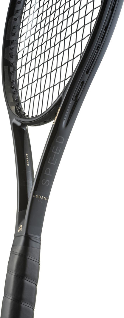 Close-up of the HEAD Speed MP Legend 2025 Tennis Racket - Black / Gold by HEAD, featuring "SPEED" on the frame, detailed strings and grip, similar to Novak Djokovic's racket, set against a plain white background.