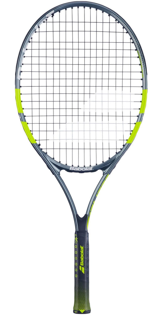 The Babolat Carlitos Junior 25 Tennis Racket, featuring a black and neon yellow frame with a black grip and white Babolat logo on the throat, is perfect for beginner youth players; shown against a white background.