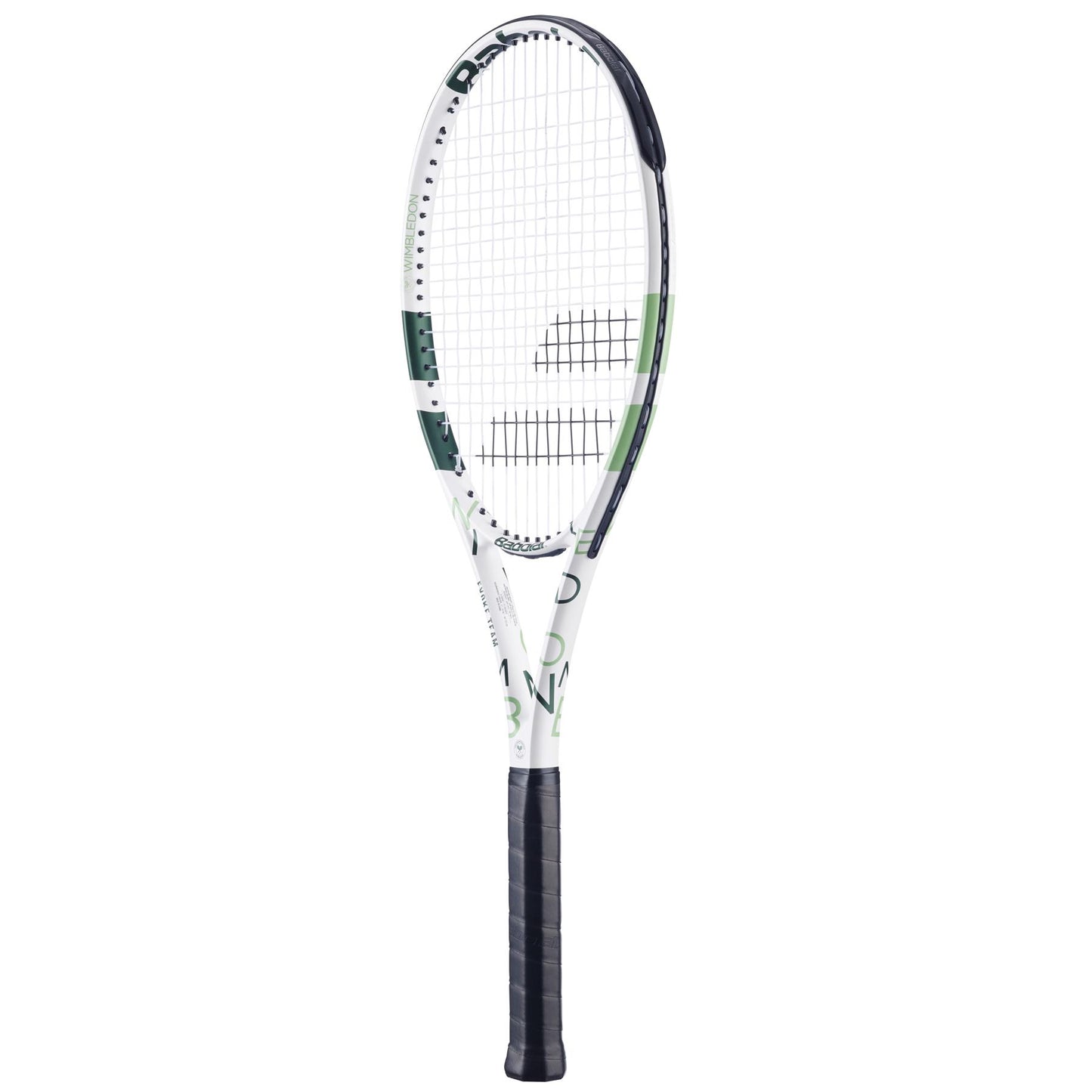 A lightweight Babolat Evoke Team Wimbledon 2025 tennis racket in white and champagne green with a black grip, shown against a plain white background.