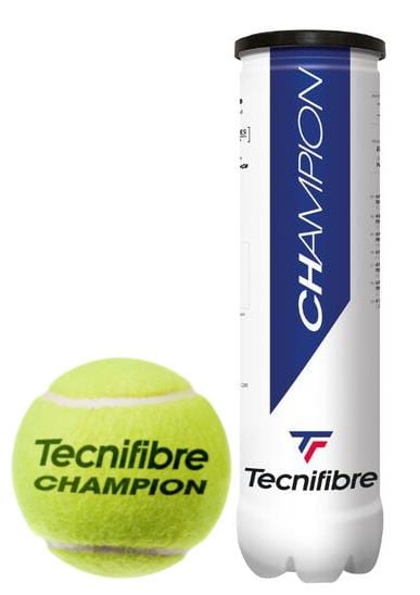A tube of Tecnifibre Champion Tennis Balls, containing four balls, sits beside a yellow ball of the same brand, ideal for intense practice sessions due to their outstanding durability.