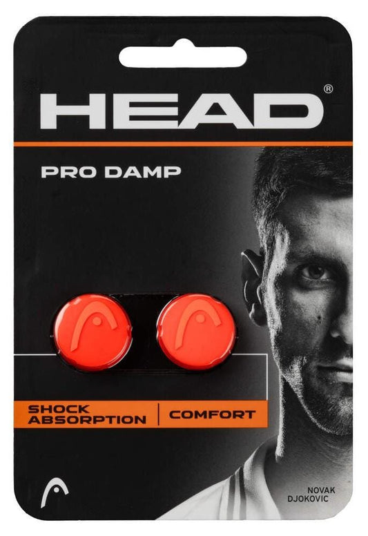 Packaging for the HEAD Pro Damp Tennis Dampener - Solar Red by HEAD features two red dampeners and a black-and-white image of a man in sportswear. Packaging text emphasizes "shock absorption" and enhanced "comfort.