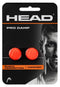 Packaging for the HEAD Pro Damp Tennis Dampener - Solar Red by HEAD features two red dampeners and a black-and-white image of a man in sportswear. Packaging text emphasizes "shock absorption" and enhanced "comfort.
