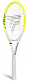 The Tecnifibre Fire 285 Tennis Racket, in white and yellow with a black Tecnifibre logo on the strings and "Tecnifibre" branding on the side, features X-Damp technology for advanced vibration dampening and stands upright on a white background.