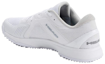 The HEAD Sprint Pro 4.0 Mens Grass Court Tennis Shoes in White/Grey feature a textured sole, "HEAD" branding on the side and heel, and an Ortholite® Insole for comfort—ideal for grass court tennis. Shown angled from the back right.