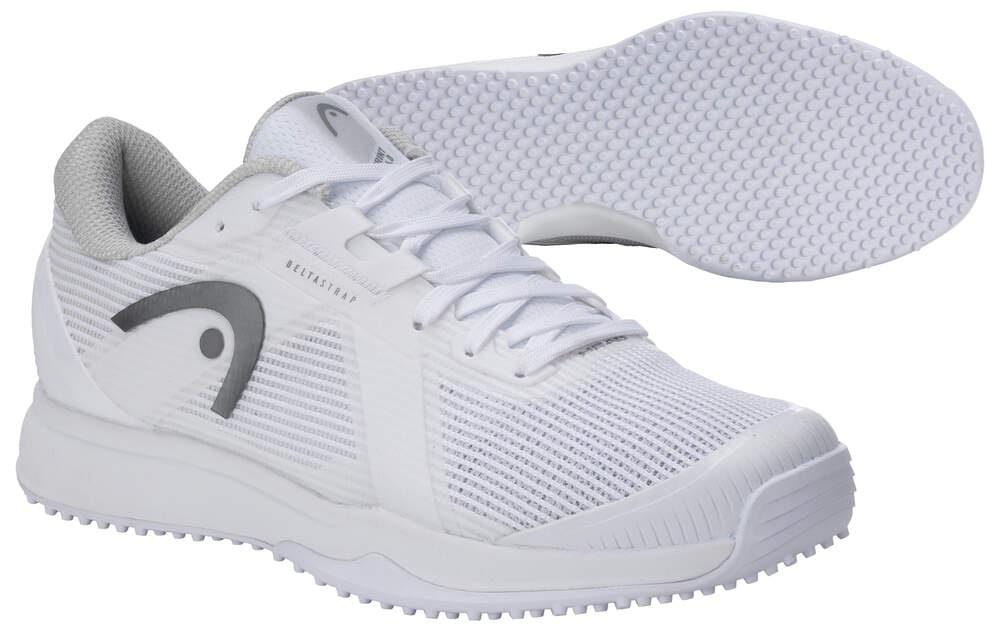 The HEAD Sprint Pro 4.0 Women's Grass Court Tennis Shoes in White/Grey feature mesh uppers, lace-up closures, Delta Strap Technology, lightweight breathable design, and textured rubber soles. Shown from side and bottom views.