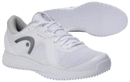 The HEAD Sprint Pro 4.0 Women's Grass Court Tennis Shoes in White/Grey feature mesh uppers, lace-up closures, Delta Strap Technology, lightweight breathable design, and textured rubber soles. Shown from side and bottom views.