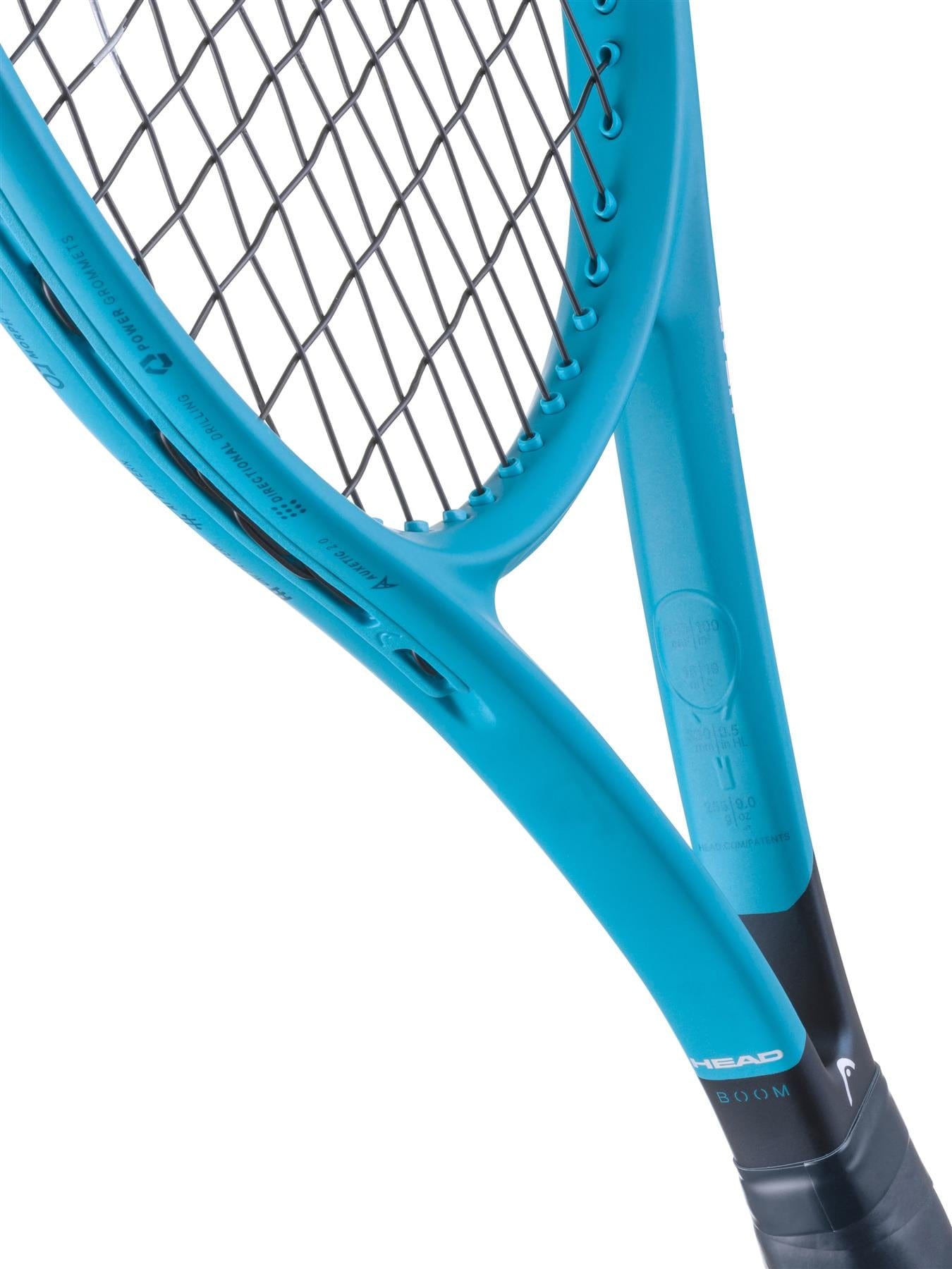 Close-up of the HEAD Boom MP UL 2026 Tennis Racket’s head and throat, highlighting its strings, frame, partial grip, and distinct HEAD branding—a powerful, ultra-lightweight racket built for high-level performance.