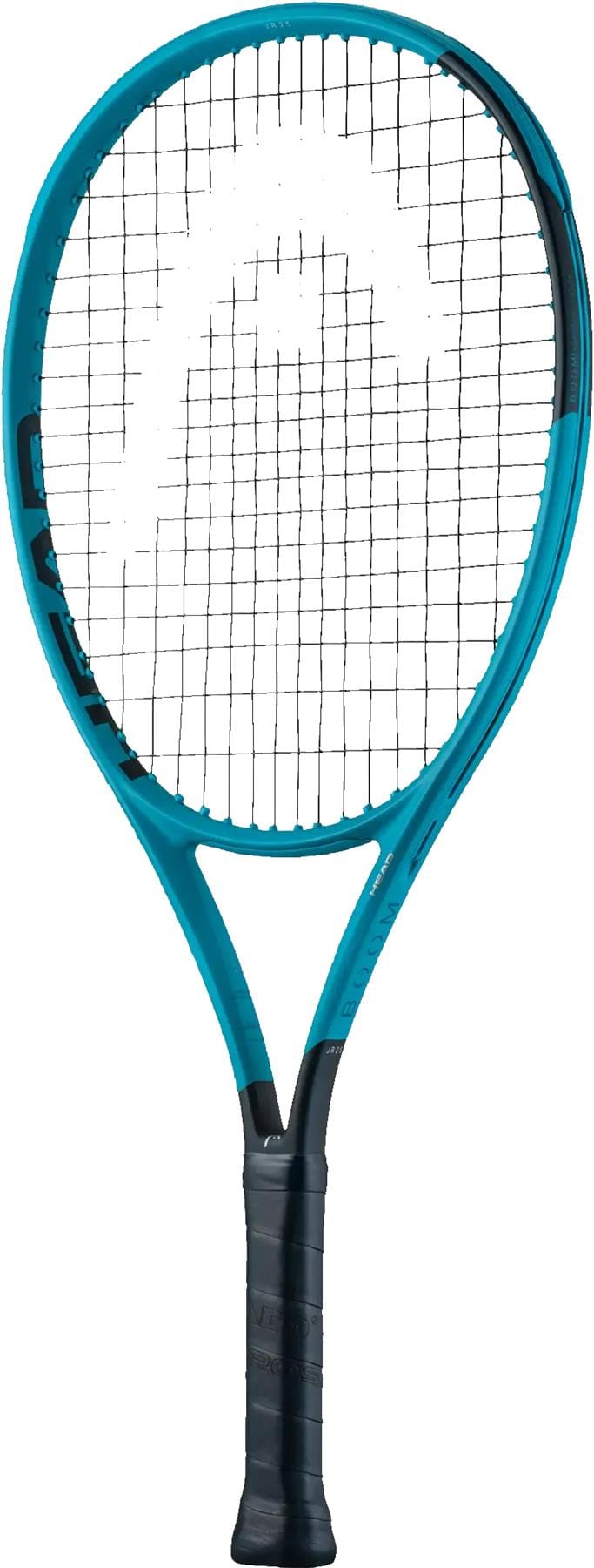 The HEAD Boom Jr 25 2026 Junior Tennis Racket by HEAD, featuring blue and black colors with a black grip, white strings, and a large stylized logo on the string bed, is shown standing upright against a white background.