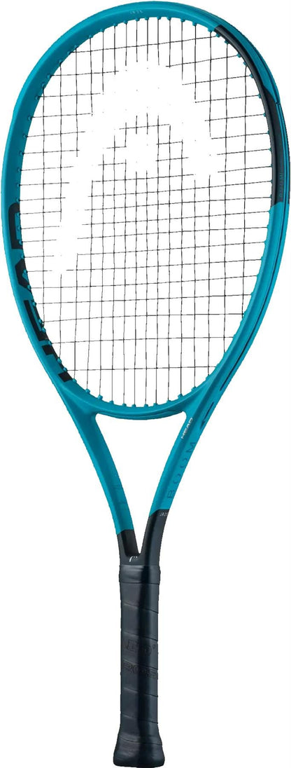 The HEAD Boom Jr 25 2026 Junior Tennis Racket by HEAD, featuring blue and black colors with a black grip, white strings, and a large stylized logo on the string bed, is shown standing upright against a white background.