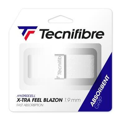 Image of the Tecnifibre X-Tra Feel Blazon Replacement Tennis Grip - White package, highlighting its 1.9 mm thickness and Hydrocell technology for enhanced comfort and quick absorption. The packaging prominently features the Tecnifibre logo, with a transparent section revealing the grip.