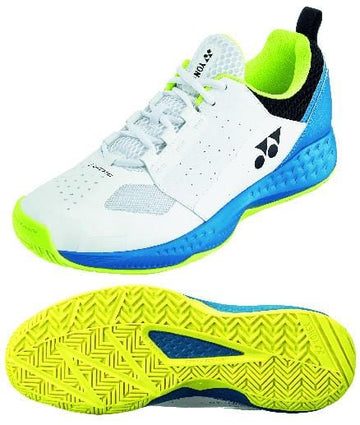 The Yonex Power Cushion Lumio 4 Men's Tennis Shoes, featuring a combination of white and ocean blue, exhibit a versatile design. One shoe displays the side and top views, while the other reveals a lightweight yet durable light-yellow sole with a textured pattern ideal for tennis enthusiasts.