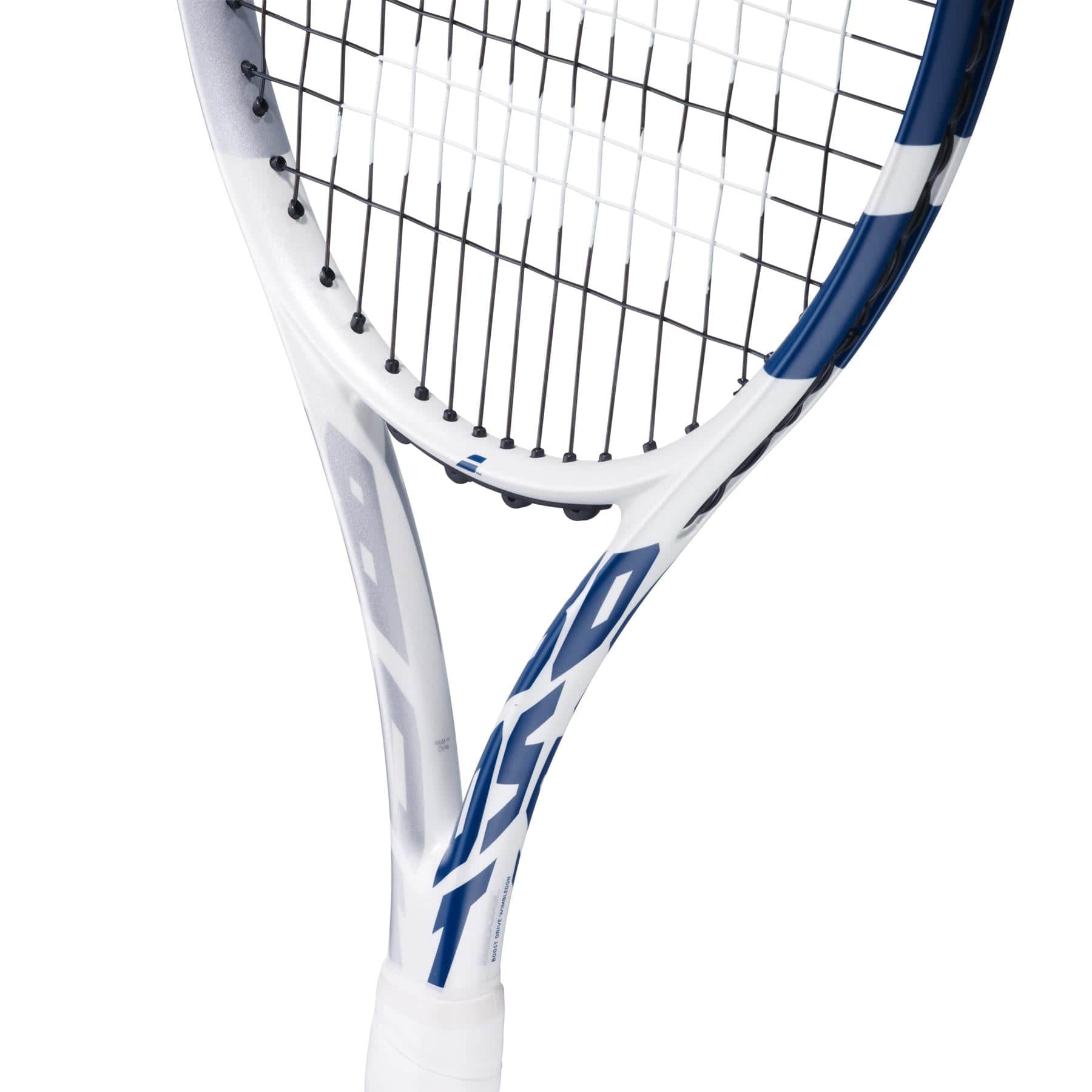 A close-up of the Babolat Boost Wimbledon Tennis Racket - White showcases its lightweight design, featuring blue and gray accents along with visible strings and part of the handle. The frame's geometric patterns make it an excellent choice for players seeking enhanced performance.