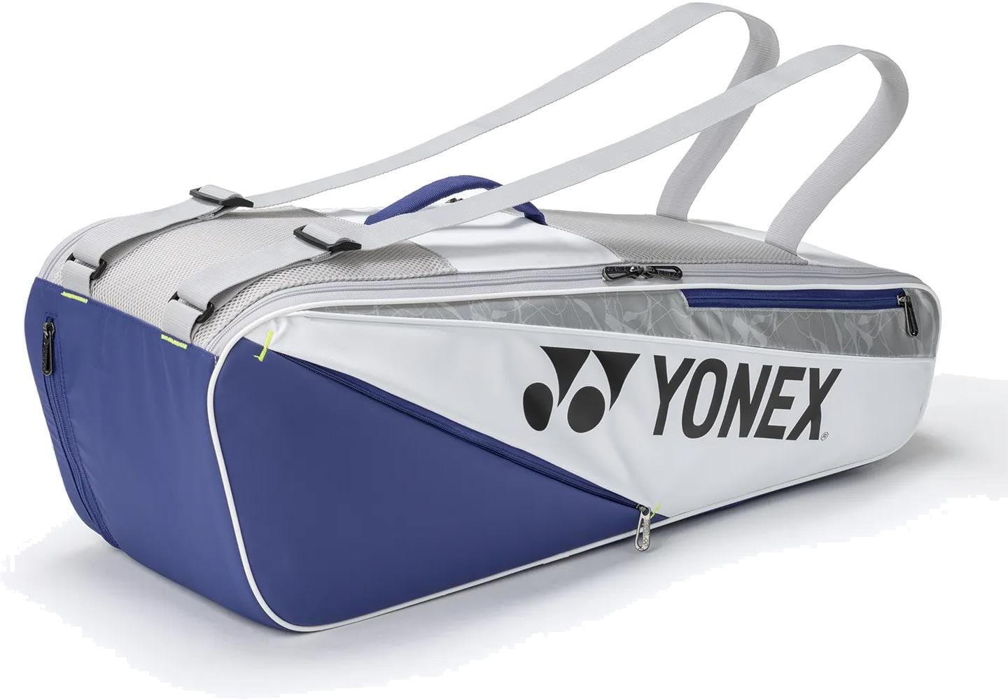 The Yonex BA52526EX Club 6 Racket Tennis Bag in white/blue features two straps, a large side logo, multiple compartments, and a modern design—perfect for carrying all your court essentials.