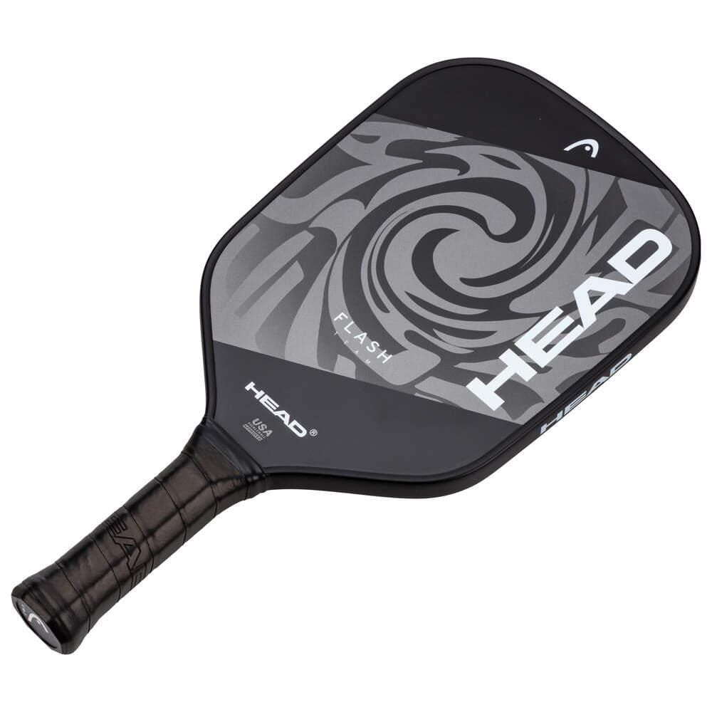 The HEAD Flash Team Pickleball Paddle in black/grey features a swirling design, durable fiberglass build, bold HEAD branding, and a textured black grip—ideal for beginners.