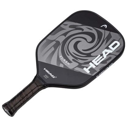The HEAD Flash Team Pickleball Paddle in black/grey features a swirling design, durable fiberglass build, bold HEAD branding, and a textured black grip—ideal for beginners.