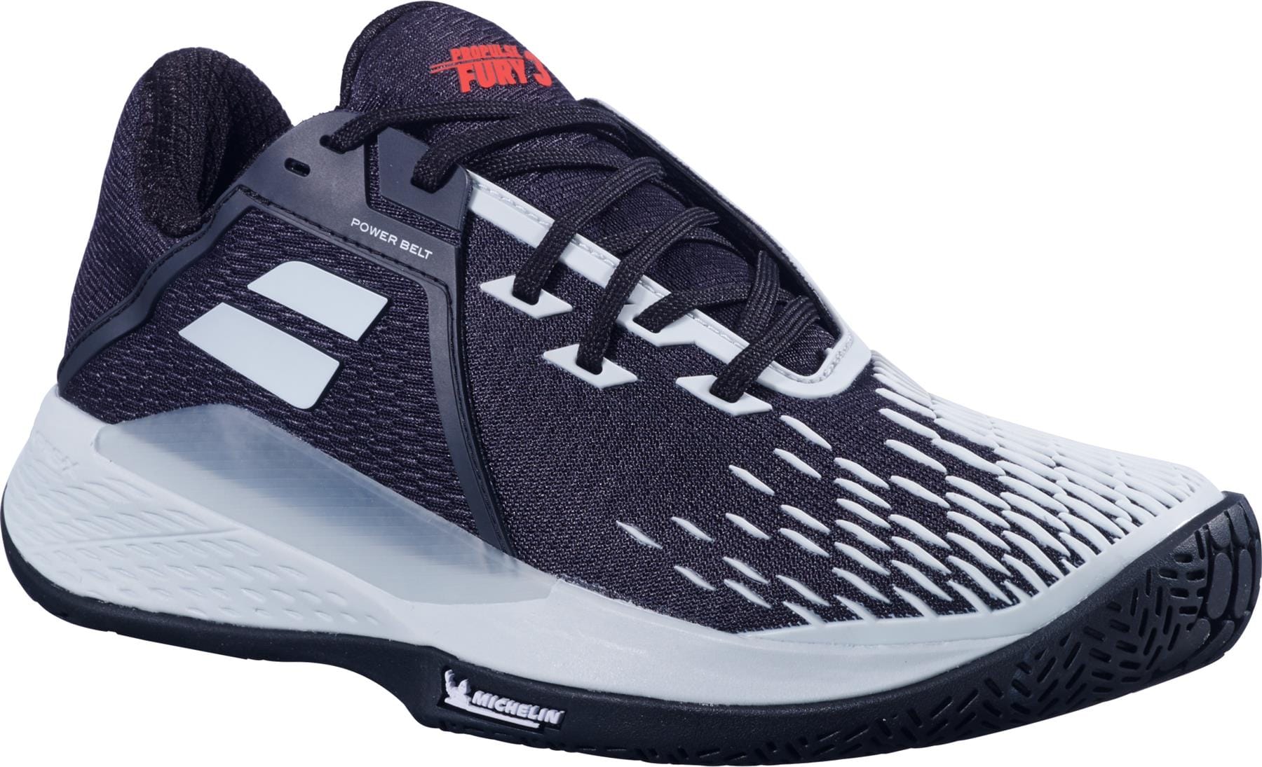 The Babolat Propulse Fury 3 All Court Men’s Tennis Shoes in black and Illusion Blue feature a textured sole, white accents, laces, a Power Belt on the side, and the Michelin logo on the sole for a modern athletic style.