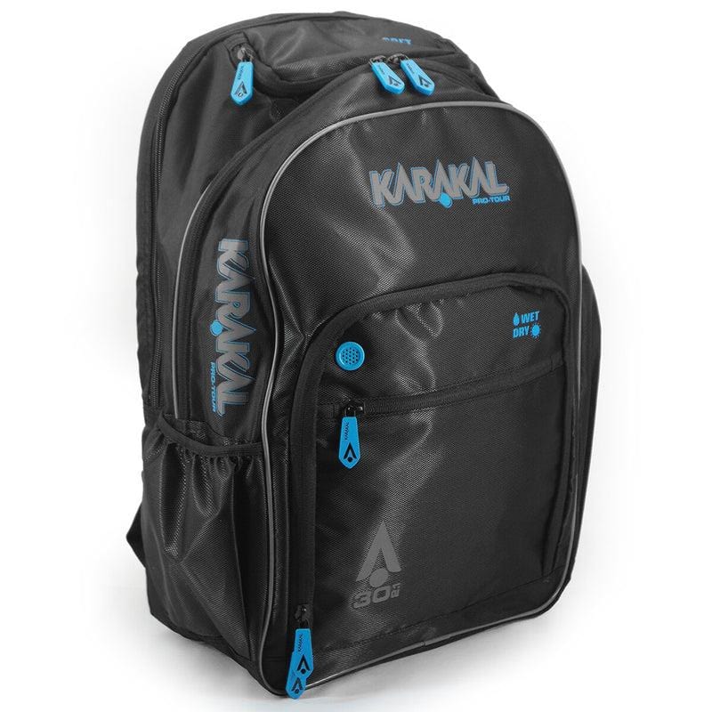 The Karakal Pro Tour 30 2.1 Tennis Backpack, in a stylish black and blue design, offers a 30-litre capacity and multiple compartments for organized gear storage. It ensures comfort with its padded shoulder straps and includes spacious front pockets for easy access to essentials.