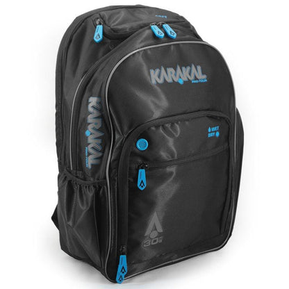 The Karakal Pro Tour 30 2.1 Tennis Backpack, in a stylish black and blue design, offers a 30-litre capacity and multiple compartments for organized gear storage. It ensures comfort with its padded shoulder straps and includes spacious front pockets for easy access to essentials.