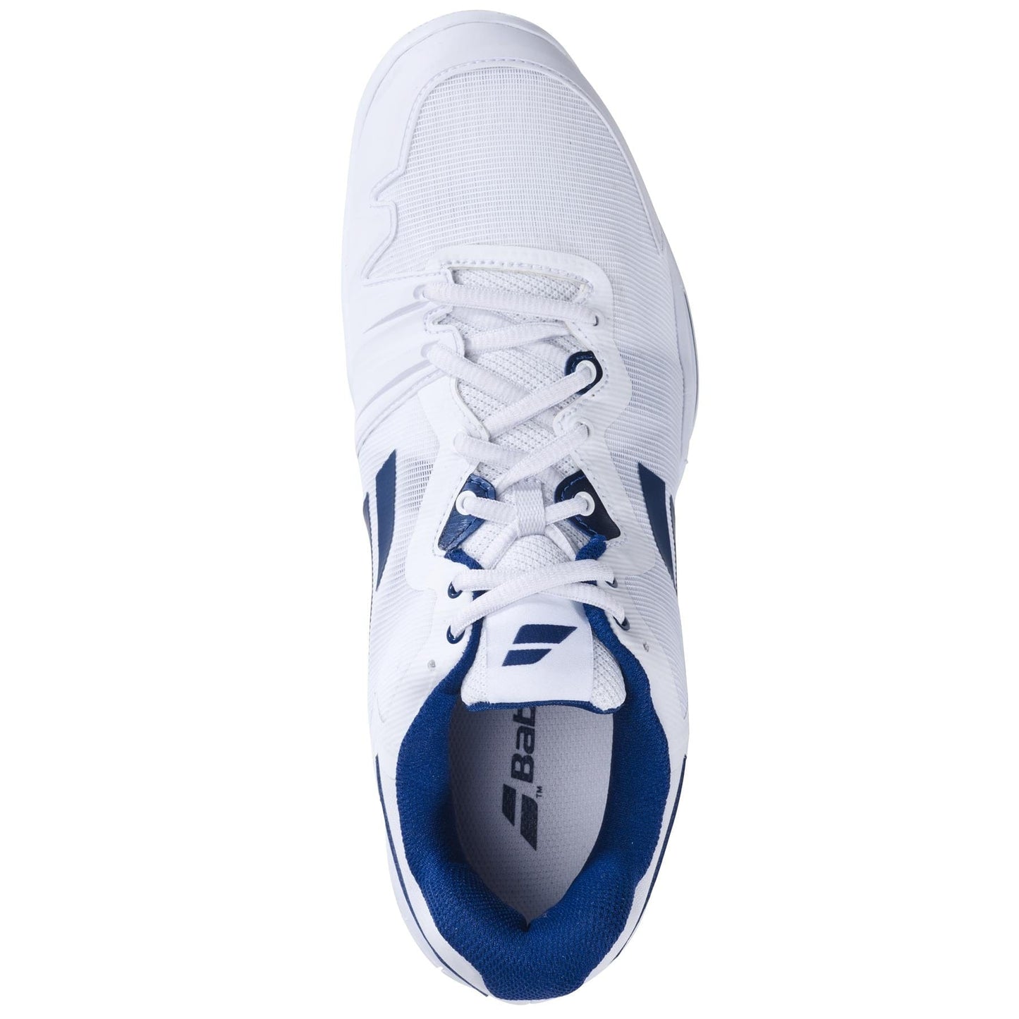 Top view of the Babolat SFX3 All Court Men's Tennis Shoes in white and navy, ideal for wide feet. These tennis shoes feature a lace-up design with a branded Babolat logo on the tongue and inner sole, providing excellent shock absorption. The material appears breathable and lightweight, making it suitable for sports activities.