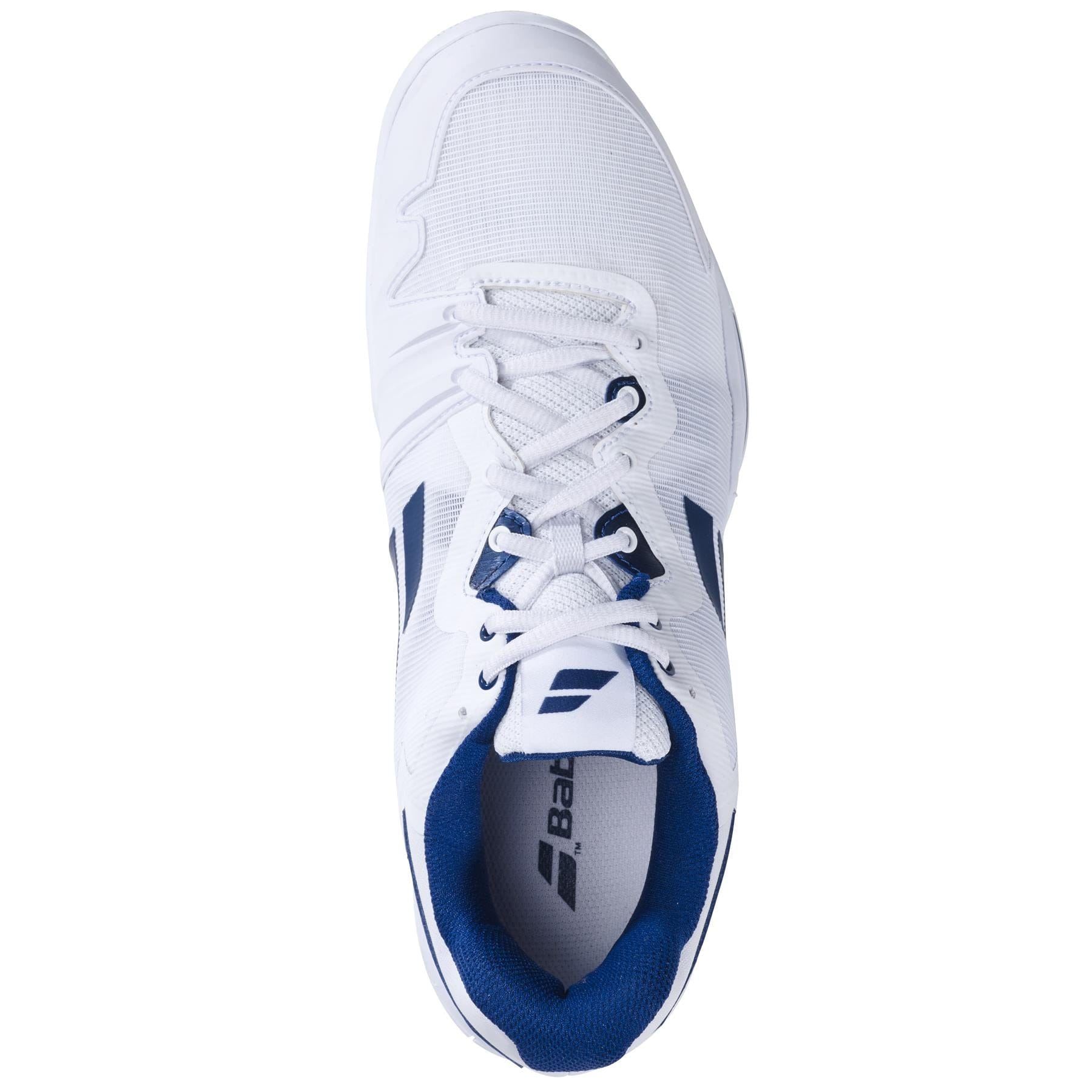 Top view of the Babolat SFX3 All Court Men's Tennis Shoes in white and navy, ideal for wide feet. These tennis shoes feature a lace-up design with a branded Babolat logo on the tongue and inner sole, providing excellent shock absorption. The material appears breathable and lightweight, making it suitable for sports activities.