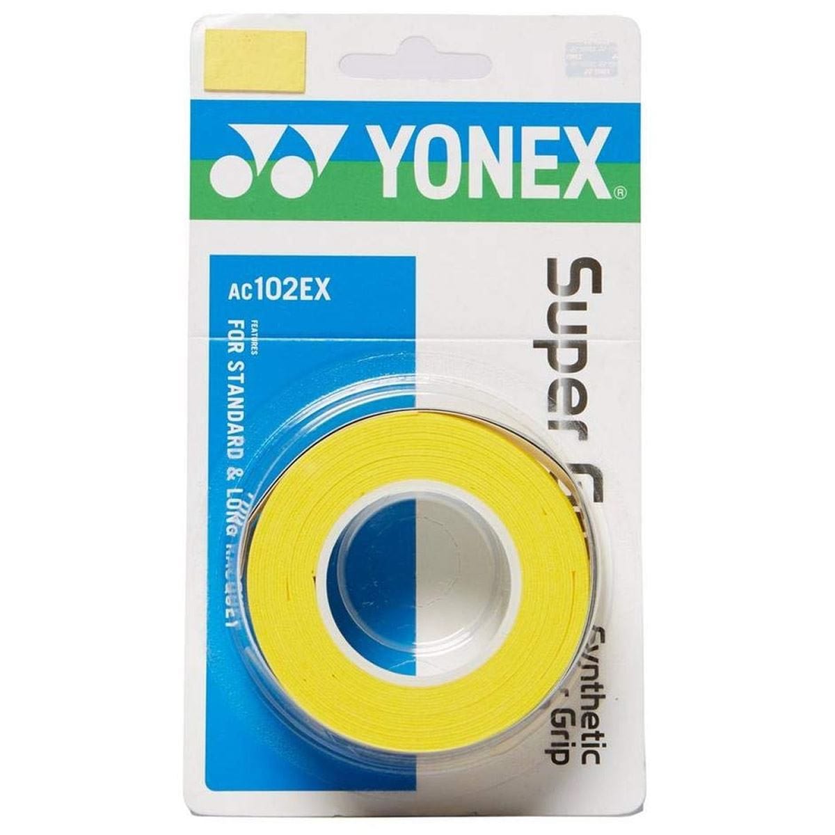 A 3-pack of Yonex AC102EX Super Grap Tennis Overgrip in yellow, displayed in clear packaging with blue and green Yonex branding.