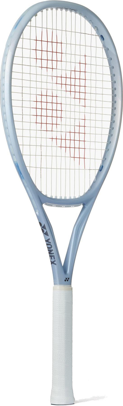 The Yonex Muse 100L Tennis Racket features a light blue frame, white grip, Synchro Frame for easy rallies, white strings with a red "W" pattern, and the Yonex logo on the throat.