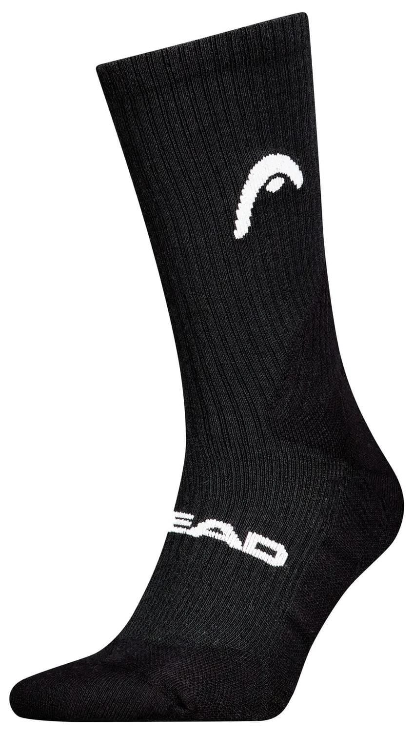 The HEAD Crew Tennis Sock in black features zonal cushioning, a white curved HEAD logo near the top, and "HEAD" in white on the side of the foot. Displayed on a white background.