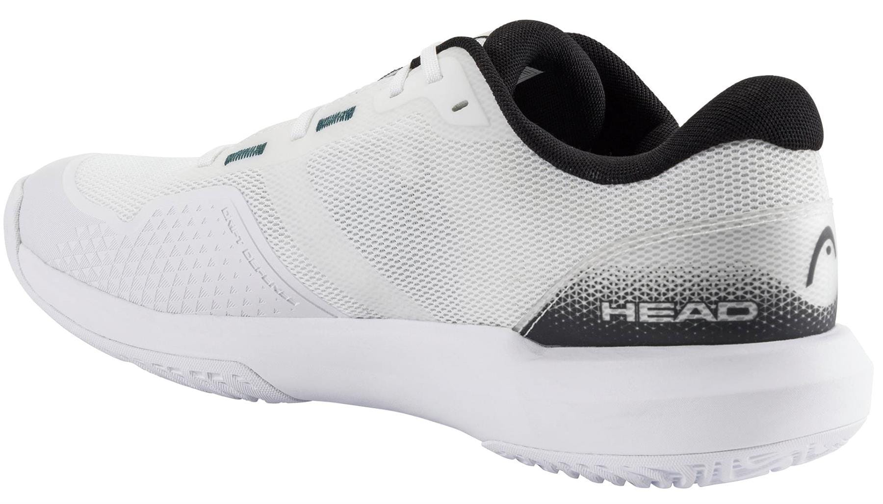 The HEAD Revolt Evo 5.0 Men’s Tennis Shoe in white with black accents features “HEAD” on the heel and a black interior, shown from the rear-side against a white background. Ideal for comfort-seeking tennis players.