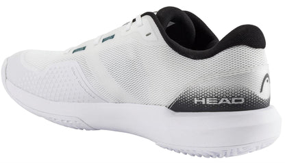The HEAD Revolt Evo 5.0 Men’s Tennis Shoe in white with black accents features “HEAD” on the heel and a black interior, shown from the rear-side against a white background. Ideal for comfort-seeking tennis players.