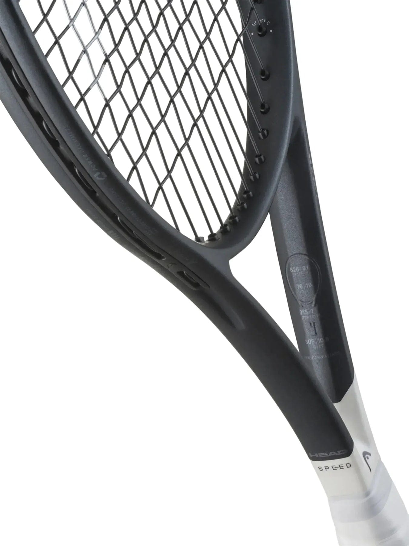 Close-up of the HEAD Speed Tour 2026 Tennis Racket by HEAD, featuring its 97in² head size, visible strings, frame details, throat area with branding and specs, and a partially shown handle grip at the bottom right.