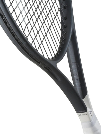 Close-up of the HEAD Speed Tour 2026 Tennis Racket by HEAD, featuring its 97in² head size, visible strings, frame details, throat area with branding and specs, and a partially shown handle grip at the bottom right.