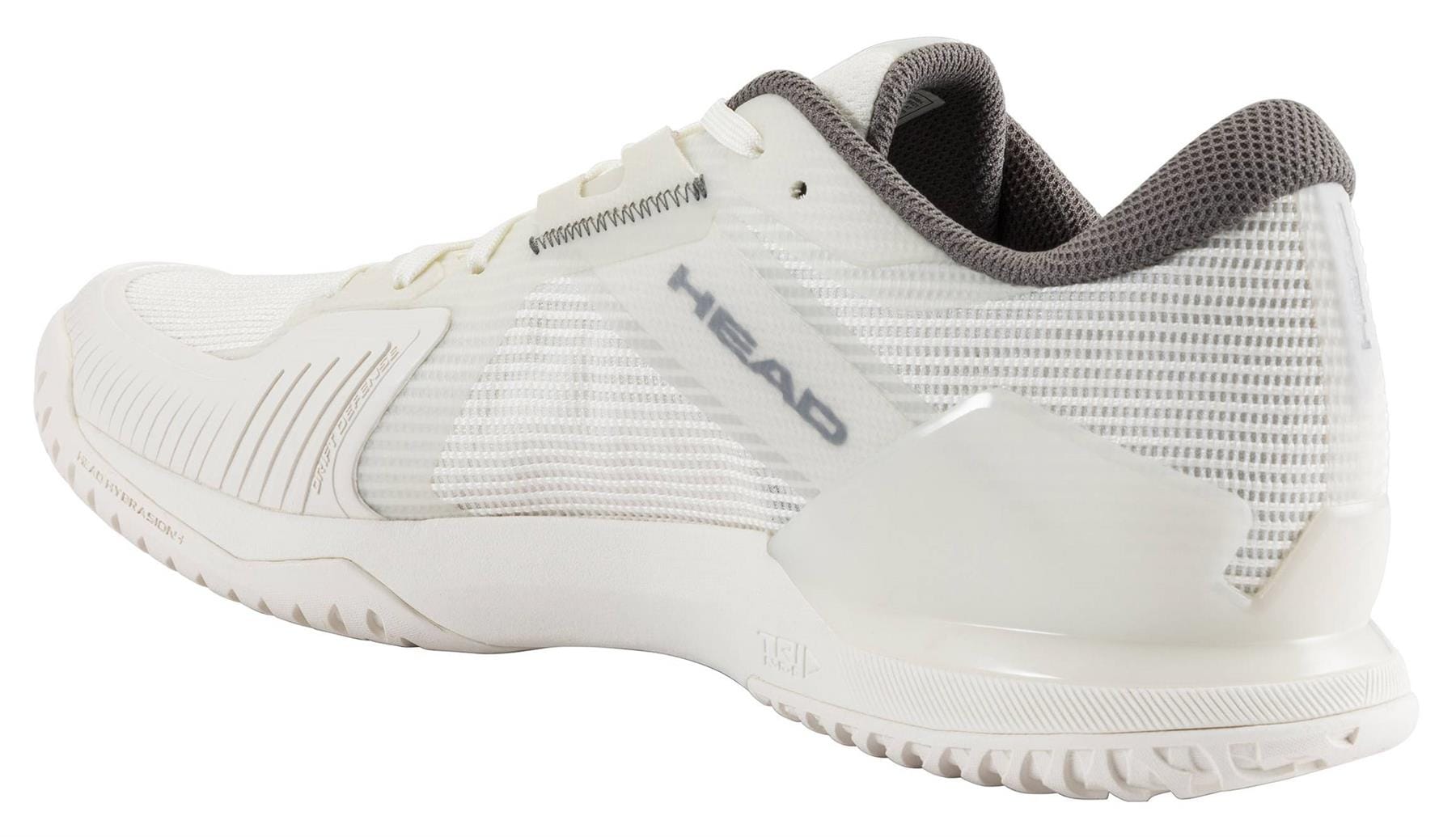 The HEAD Sprint Pro 4.0 Men’s Tennis Shoes in Chalk White/Dark Grey feature a mesh upper and textured rubber sole. Shown at an angle, these lightweight HEAD sneakers highlight the heel and outer side for a sporty look.